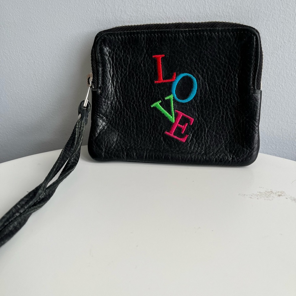 ROOTS Black Leather Wristlet with Colorful LOVE Embroidery